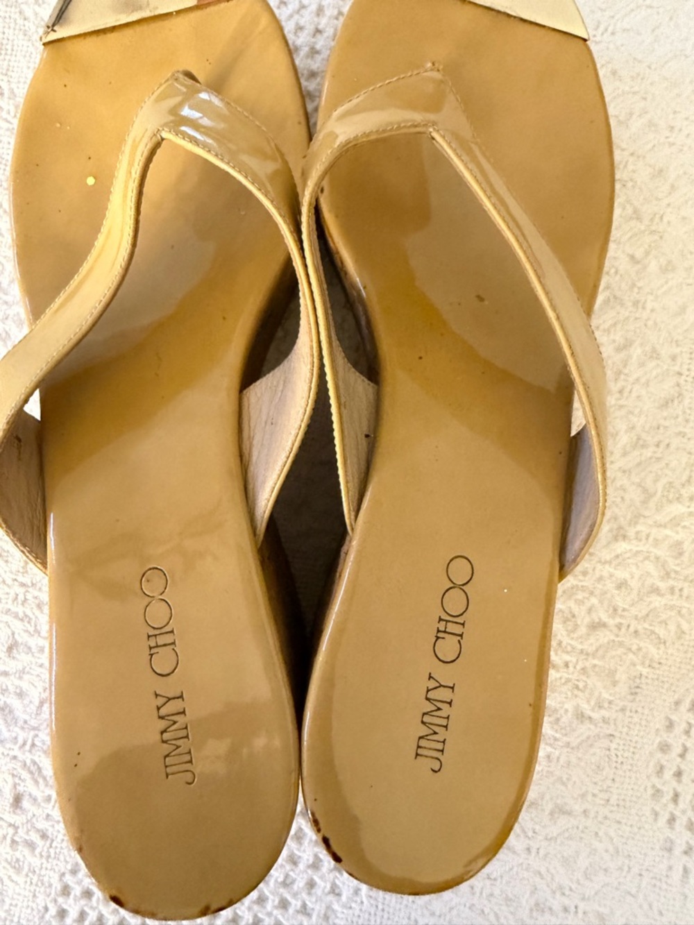 Jimmy Choo Beige Patent Thong Sandals